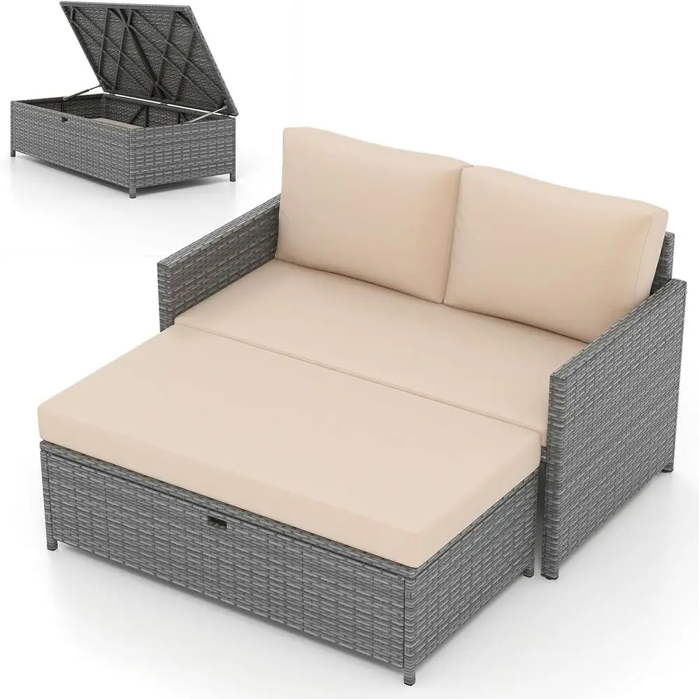 2-Piece Outdoor Daybed Set - Rattan Wicker Lounger with Storage Ottoman, Cushions, Loveseat, 2-Person Sunbed for Patio, Poolside
2-Piece Outdoor Daybed Set - Rattan Wicker Lounger with Storage Ottoman, Cushions, Loveseat, 2-Person Sunbed for Patio, Poolside