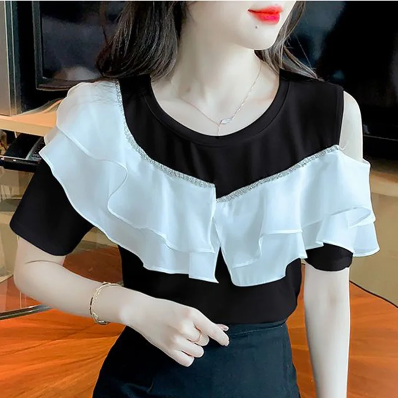 Fashion Loose Spliced Off Shoulder Diamonds Ruffles Blouse Female Clothing 2023 Summer New Casual Pullovers Tops Sweet Shirt
Fashion Loose Spliced Off Shoulder Diamonds Ruffles Blouse Female Clothing 2023 Summer New Casual Pullovers Tops Sweet Shirt