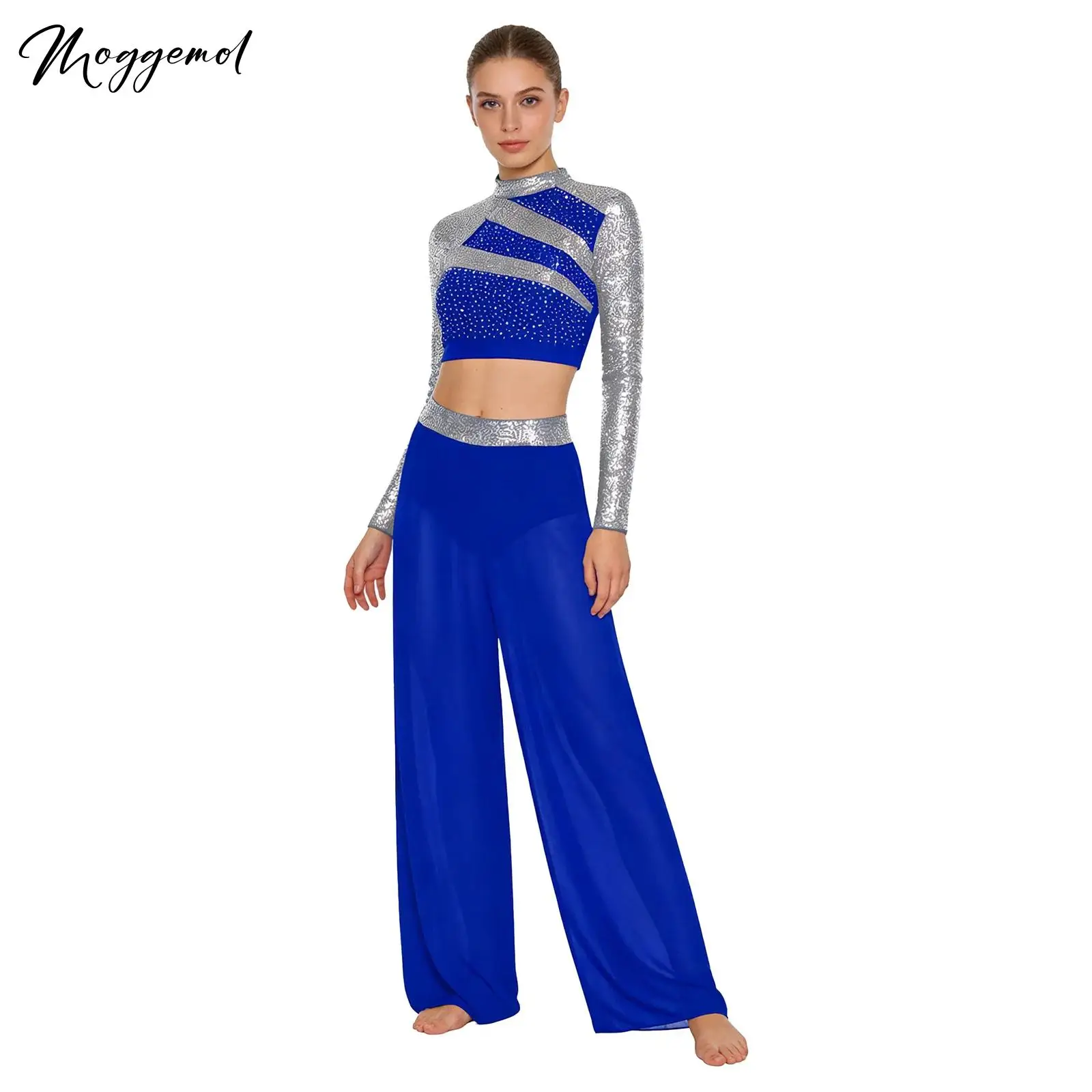 Women Lyrical Ballet Jazz Latin Dance Outfit Mock Neck Long Sleeve Sequins Rhinestones Crop Top with Side Split Chiffon Pants
Women Lyrical Ballet Jazz Latin Dance Outfit Mock Neck Long Sleeve Sequins Rhinestones Crop Top with Side Split Chiffon Pants
