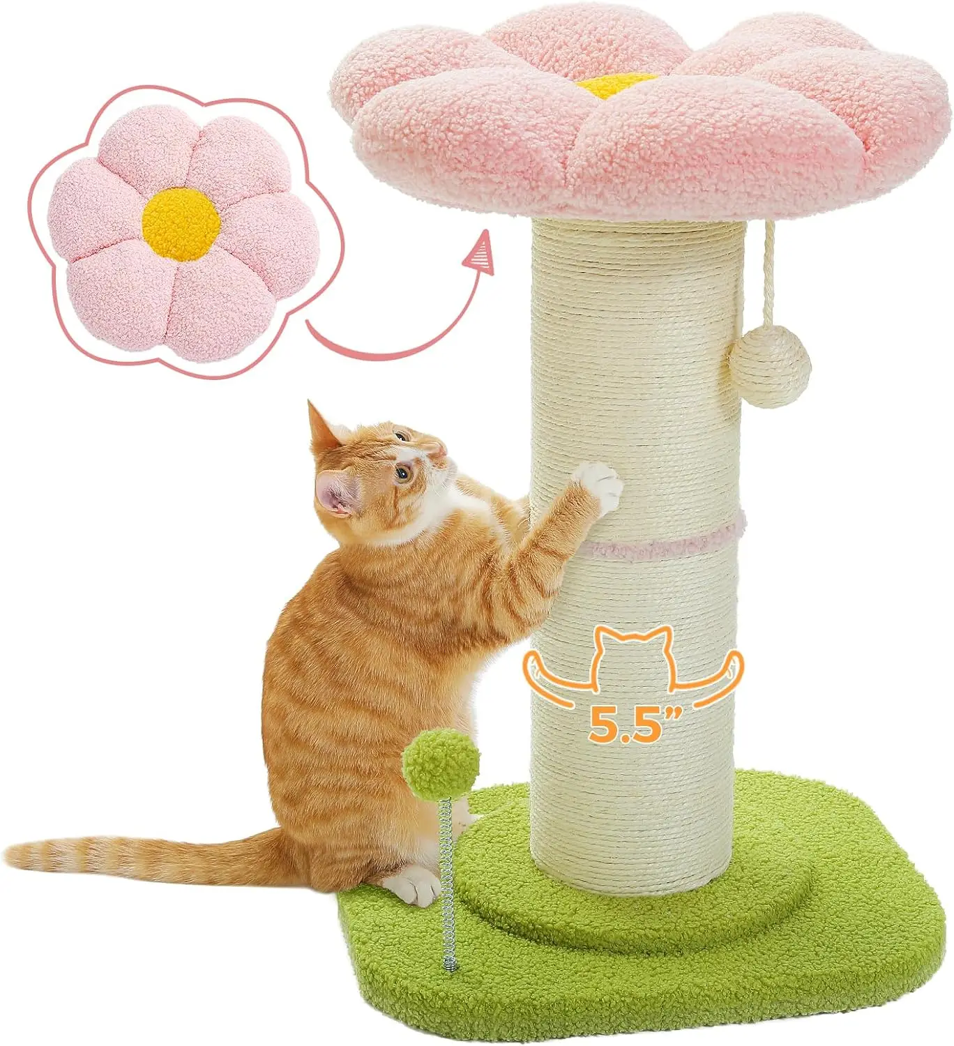 Pink Flower Cat Scratching Post with Thick Sisal Pole, Removable Bed & Spring Ball Toy for Indoor Cats
Pink Flower Cat Scratching Post with Thick Sisal Pole, Removable Bed & Spring Ball Toy for Indoor Cats