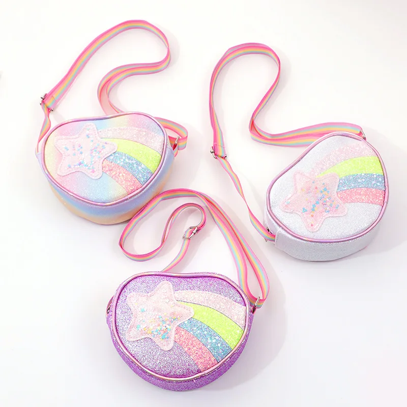New glitter heart bag for girls: rainbow strap, star/heart design, cute cartoon style. Perfect single-shoulder mini backpack!
New glitter heart bag for girls: rainbow strap, star/heart design, cute cartoon style. Perfect single-shoulder mini backpack!