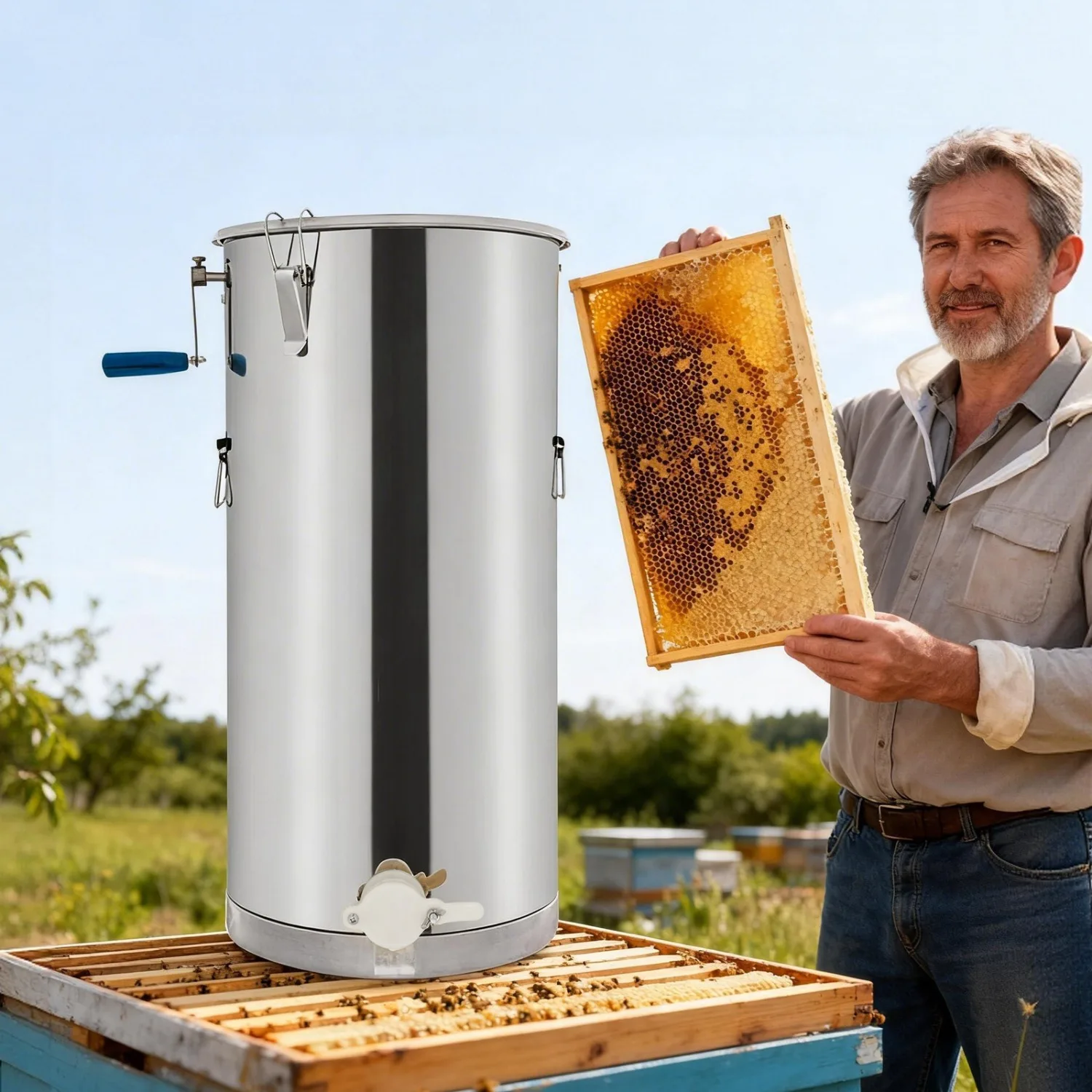 Manual Honey Extractor, 2 Frame Stainless Steel Beekeeping Extraction, Honey Bee Spinner Beekeeping Apiary Centrifuge Equipment, Silver
Manual Honey Extractor, 2 Frame Stainless Steel Beekeeping Extraction, Honey Bee Spinner Beekeeping Apiary Centrifuge Equipment, Silver