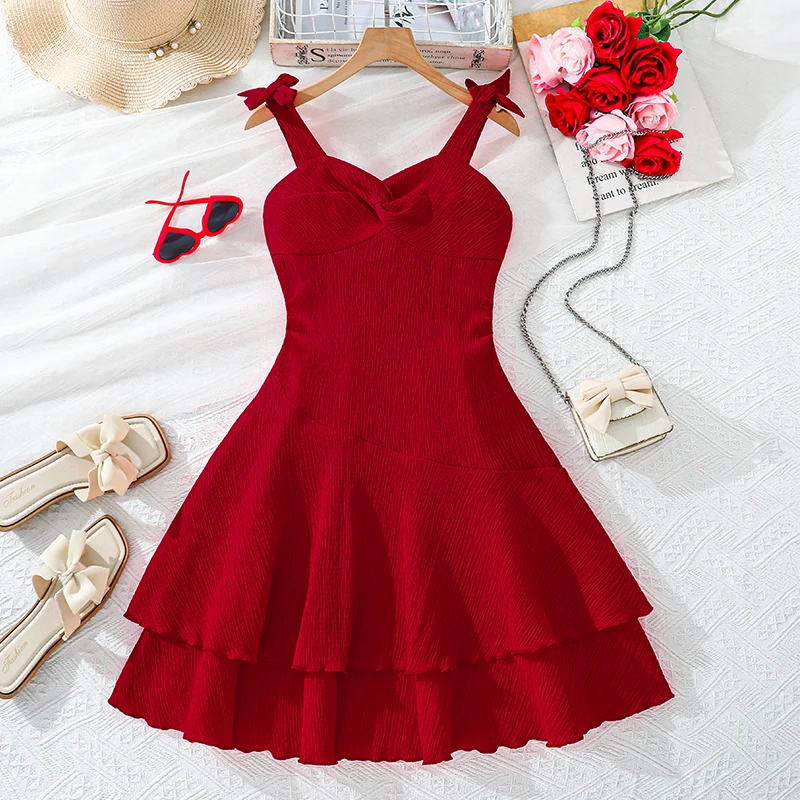 Girls 8-12 Casual Red Dress, Front Bow Straps Twist Bodice Tiered Skirt/Back Plain Design, Comfortable Daily Kids Outfit
Girls 8-12 Casual Red Dress, Front Bow Straps Twist Bodice Tiered Skirt/Back Plain Design, Comfortable Daily Kids Outfit