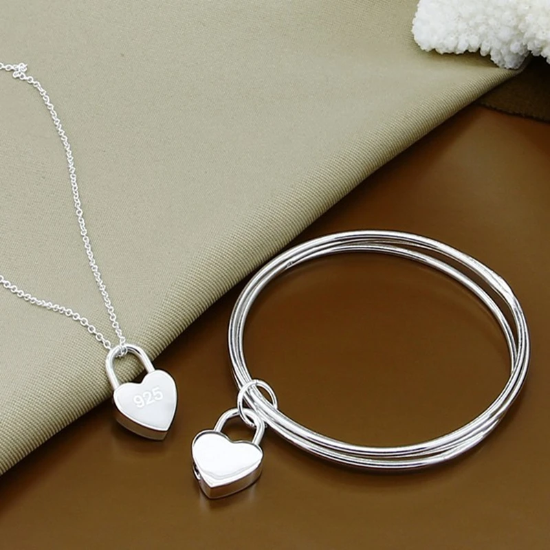 925 Sterling Silver Love 925 Heart Lock Pendant Necklaces Bracelet Bangle Fashion Jewelry Set
925 Sterling Silver Love 925 Heart Lock Pendant Necklaces Bracelet Bangle Fashion Jewelry Set