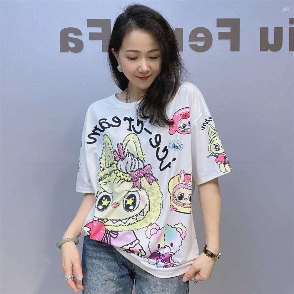 Plus Size Embroidered Flares Short Sleeve T Shirts Women Summer Clothing Thin Casual Loose O Neck Printed Tops Diamonds Knitwear
Plus Size Embroidered Flares Short Sleeve T Shirts Women Summer Clothing Thin Casual Loose O Neck Printed Tops Diamonds Knitwear