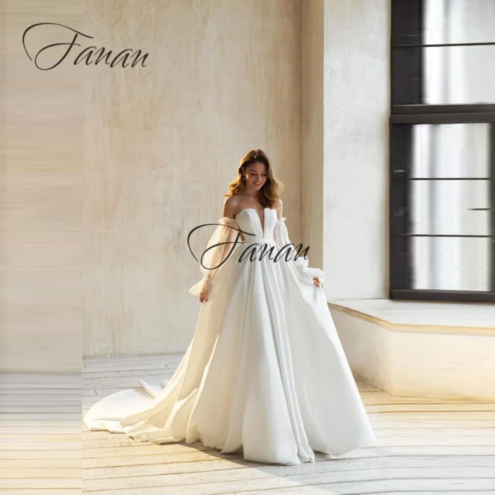 Simple Puffy Sleeve Bride Dresses Sweep Train Sweetheart Neck Wedding Gowns Long Off The Shoulder Backless Satin Dress
Simple Puffy Sleeve Bride Dresses Sweep Train Sweetheart Neck Wedding Gowns Long Off The Shoulder Backless Satin Dress