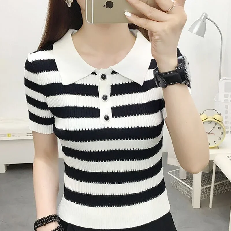 Silk Sleeve Neck Knitted Short Top Women's Summer T-shirt clothing pullovers Men's sweater
Silk Sleeve Neck Knitted Short Top Women's Summer T-shirt clothing pullovers Men's sweater