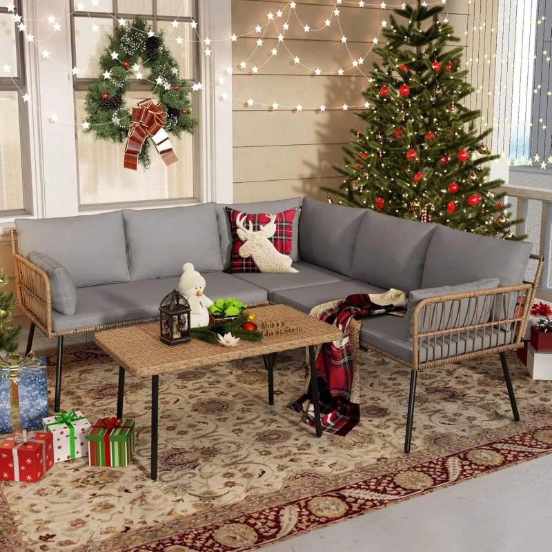 4-Piece L-Shaped Wicker Patio Set, 5-Seater Sectional Sofa/ Thick Cushions, Detachable Lounger & Side Table
4-Piece L-Shaped Wicker Patio Set, 5-Seater Sectional Sofa/ Thick Cushions, Detachable Lounger & Side Table