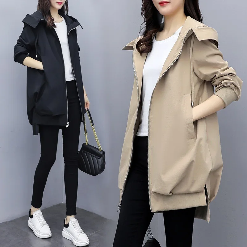 Spring autumn new Korean version of the casual temperament loose hoodie trench Jackets black khaki Medium and long women's coats
Spring autumn new Korean version of the casual temperament loose hoodie trench Jackets black khaki Medium and long women's coats