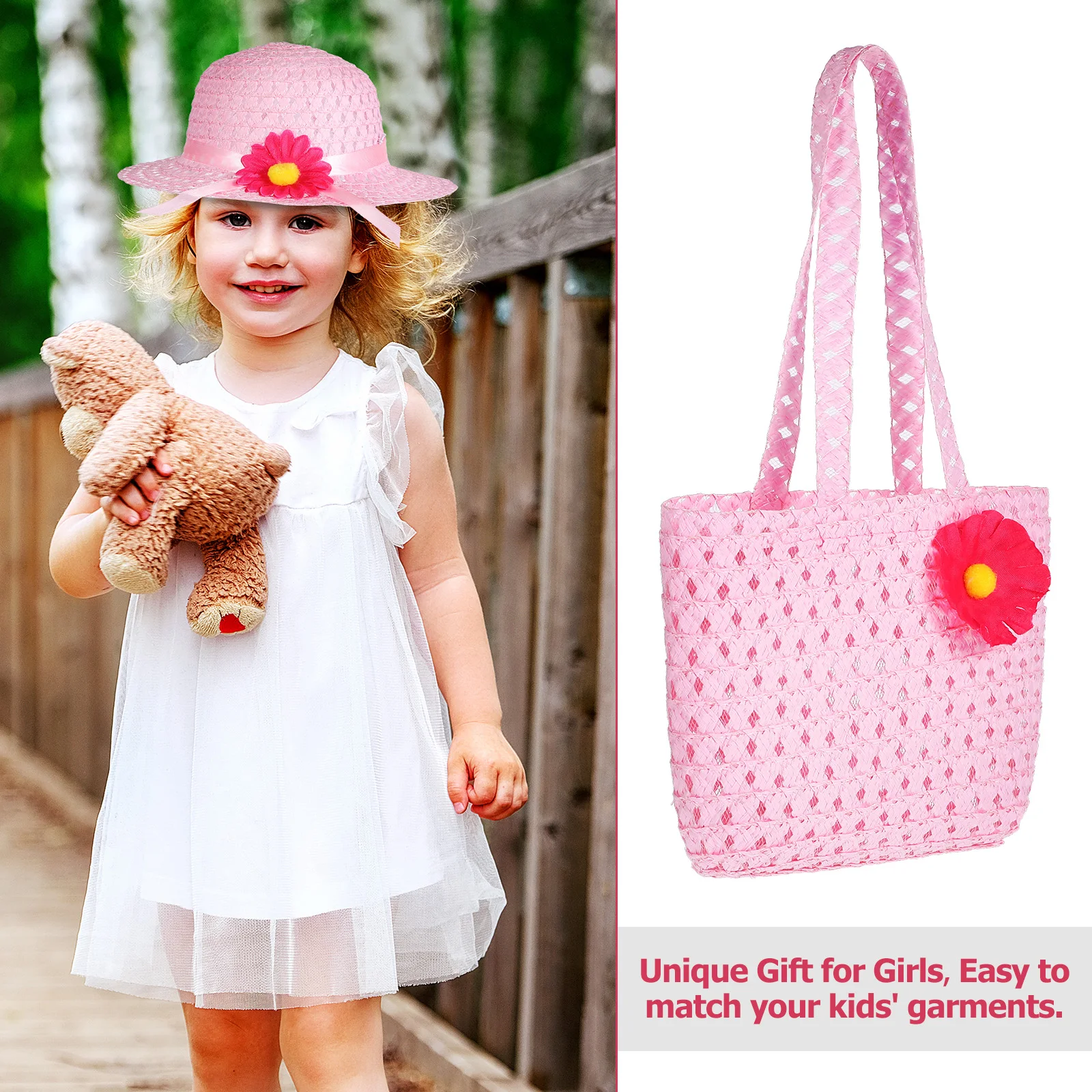 Straw Sun for Kids Girls Pink Flower Decor Wide Brim Beach Hat Tote Bag Set Summer Caps Summer Hats For Girls Tea Party Hats
Straw Sun for Kids Girls Pink Flower Decor Wide Brim Beach Hat Tote Bag Set Summer Caps Summer Hats For Girls Tea Party Hats