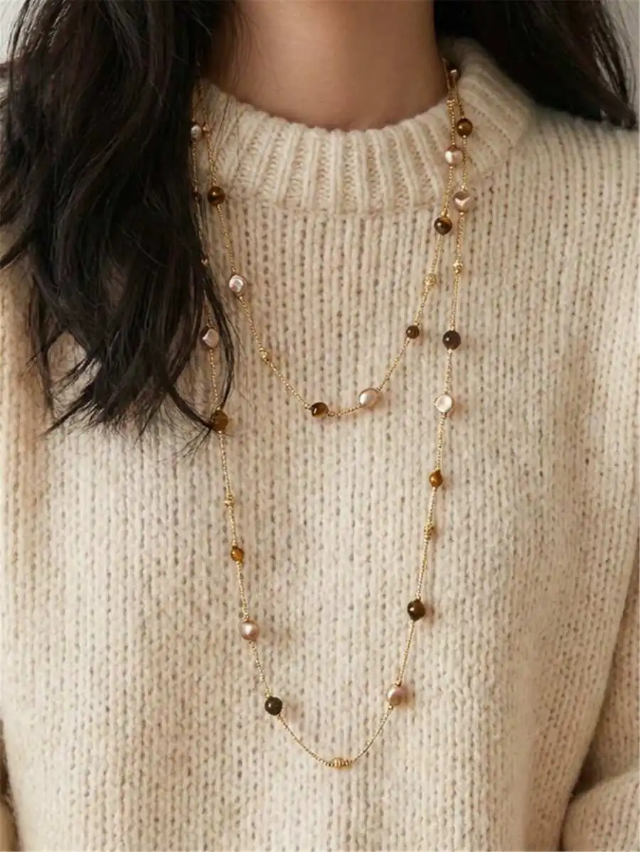 Amber Tiger Eye And Faux Pearl Long Layered Necklace For Women
Amber Tiger Eye And Faux Pearl Long Layered Necklace For Women