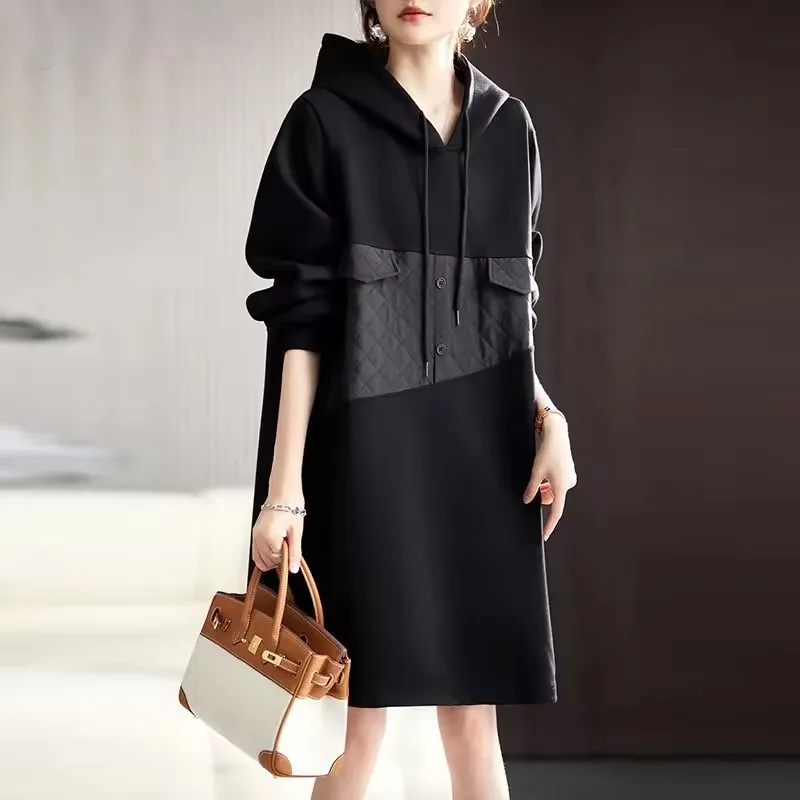 Fashion Patchwork Casual Hooded Dress Women Korean Black Mid-length Dress Streetwear 2025 New Autumn Chic Long Sleeve Oversized
Fashion Patchwork Casual Hooded Dress Women Korean Black Mid-length Dress Streetwear 2025 New Autumn Chic Long Sleeve Oversized
