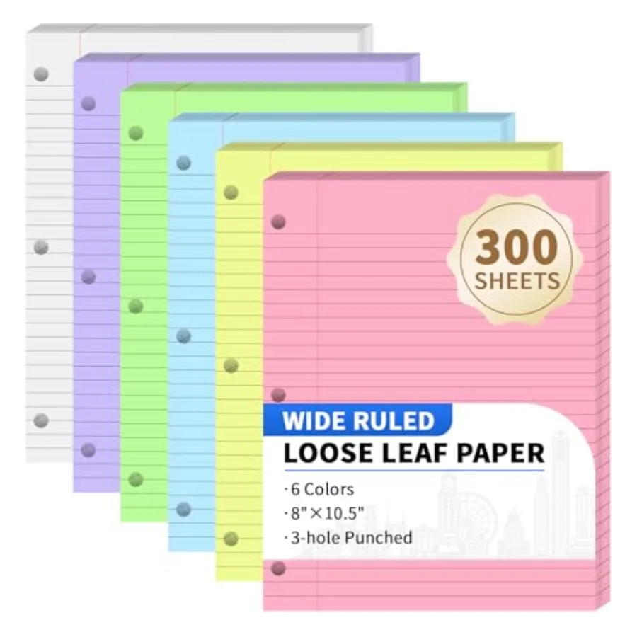 300 Sheets Loose Leaf Binder Paper, 6-Color Wide Ruled Lined Paper, 8" x 10.5", 3-Hole Punched Notebook Paper Writing Paper for
300 Sheets Loose Leaf Binder Paper, 6-Color Wide Ruled Lined Paper, 8" x 10.5", 3-Hole Punched Notebook Paper Writing Paper for