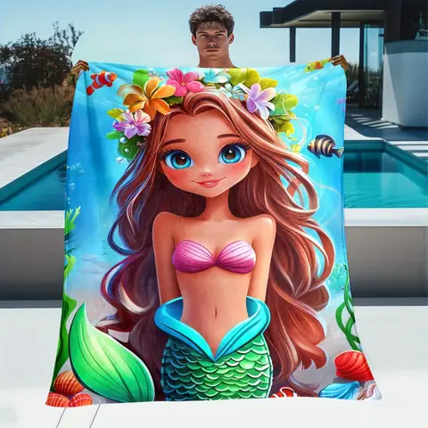 Mermaid Princess Ocean Fish Flowers Fleece Blanket Cartoon Sea Life Design Soft Throw Beach Pool Party Gift for Girls
