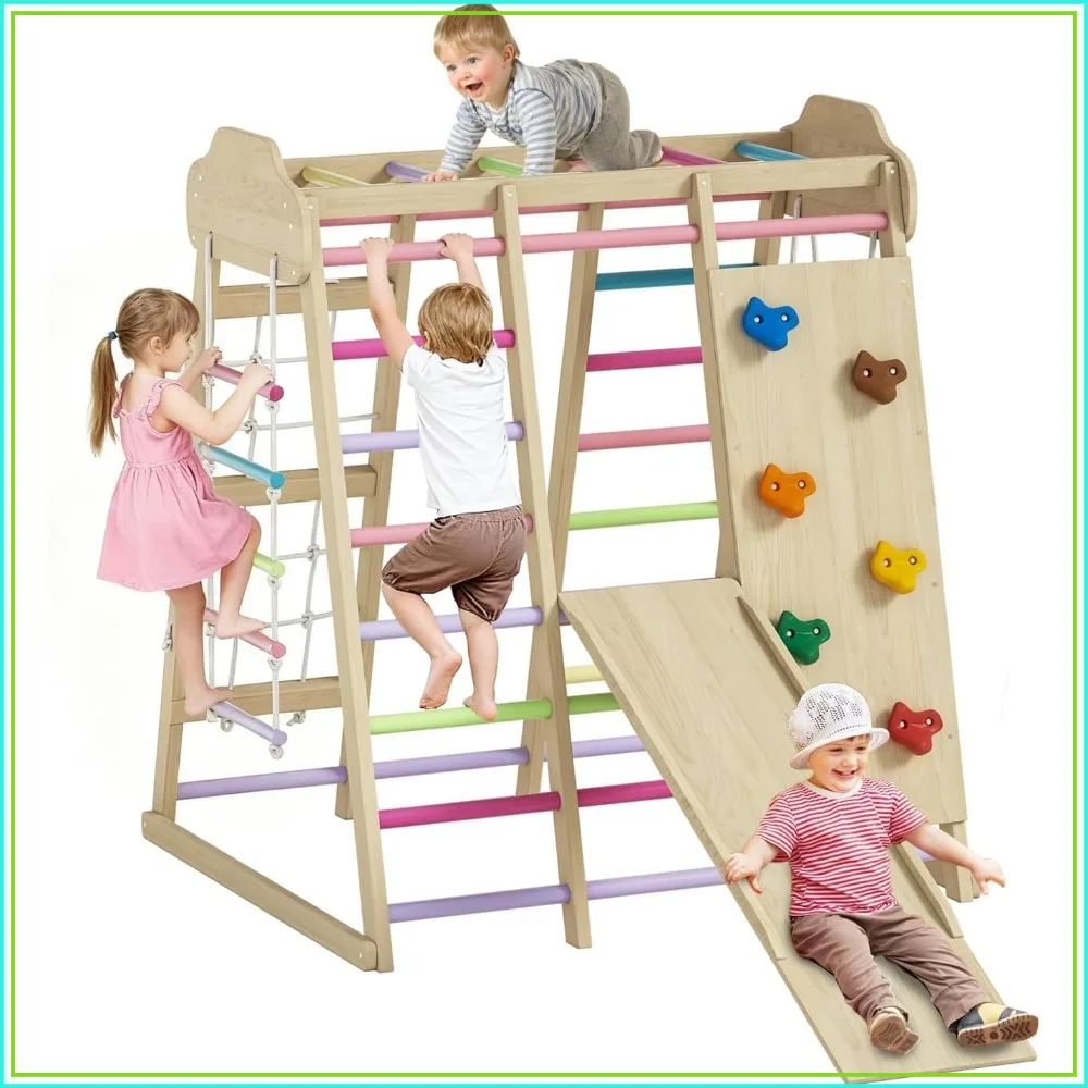 9 in 1 Wooden Indoor Playground: Slide, Swing, Rope Ladder, Climbing Net, Rock Wall, DIY Name Stickers
9 in 1 Wooden Indoor Playground: Slide, Swing, Rope Ladder, Climbing Net, Rock Wall, DIY Name Stickers