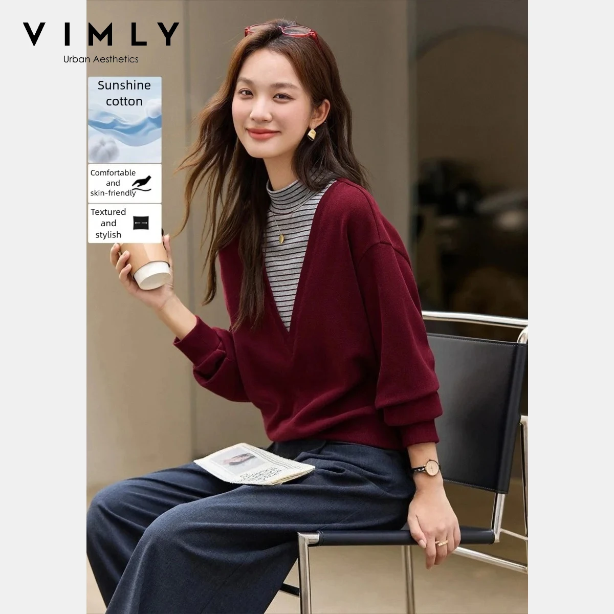 VIMLY New Women's Sweatshirt 2025 Winter Fleece Lined Splice Stripe Fake Two Pieces Sweatshirts Stand Neck Thick Lady Top A3328
VIMLY New Women's Sweatshirt 2025 Winter Fleece Lined Splice Stripe Fake Two Pieces Sweatshirts Stand Neck Thick Lady Top A3328