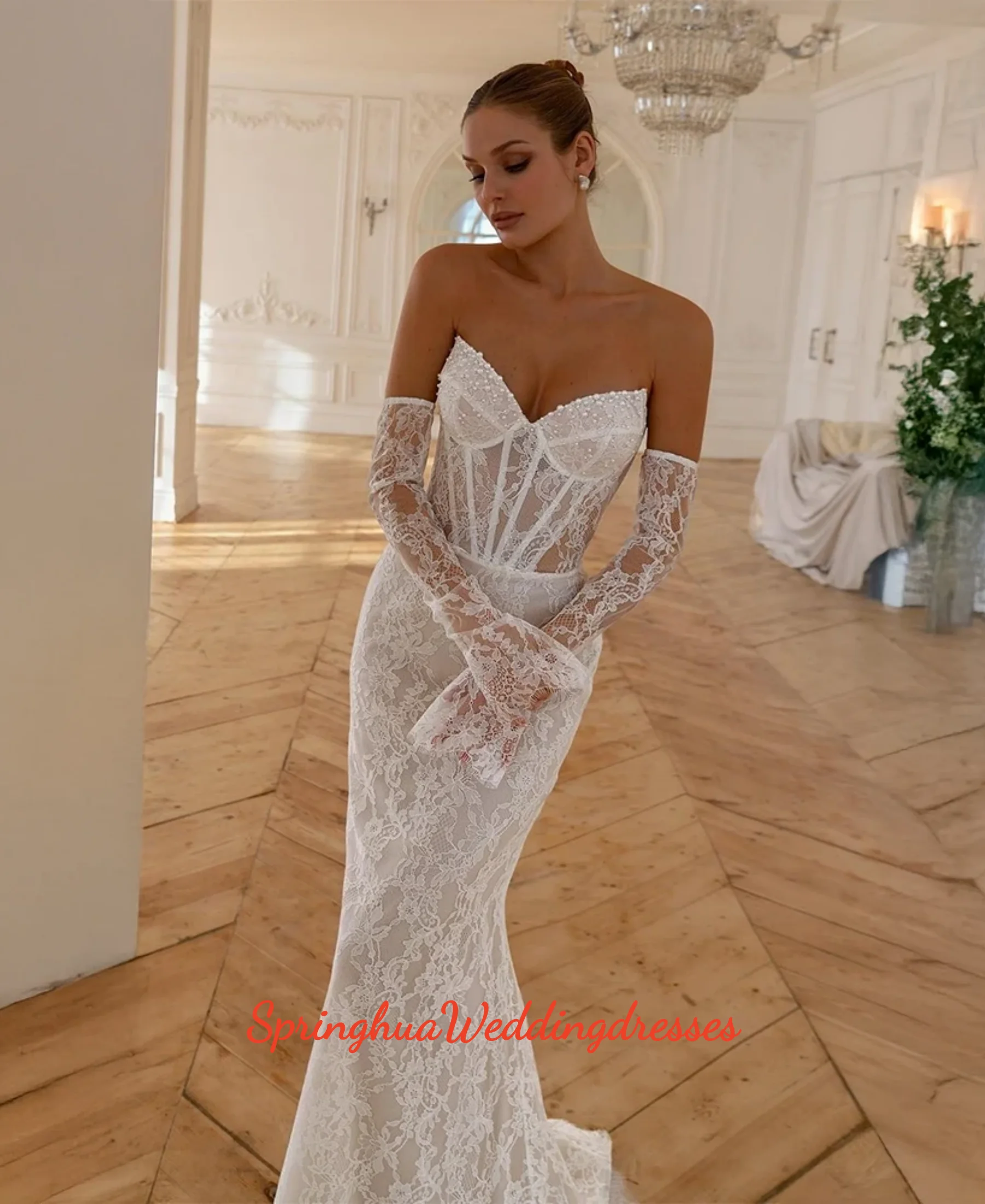 Customized Lace Mermaid Wedding Dresses with Beaded Corset & Lace Gloves Bridal Gown Elegant Bridal Dress Vestidos De Novia
Customized Lace Mermaid Wedding Dresses with Beaded Corset & Lace Gloves Bridal Gown Elegant Bridal Dress Vestidos De Novia