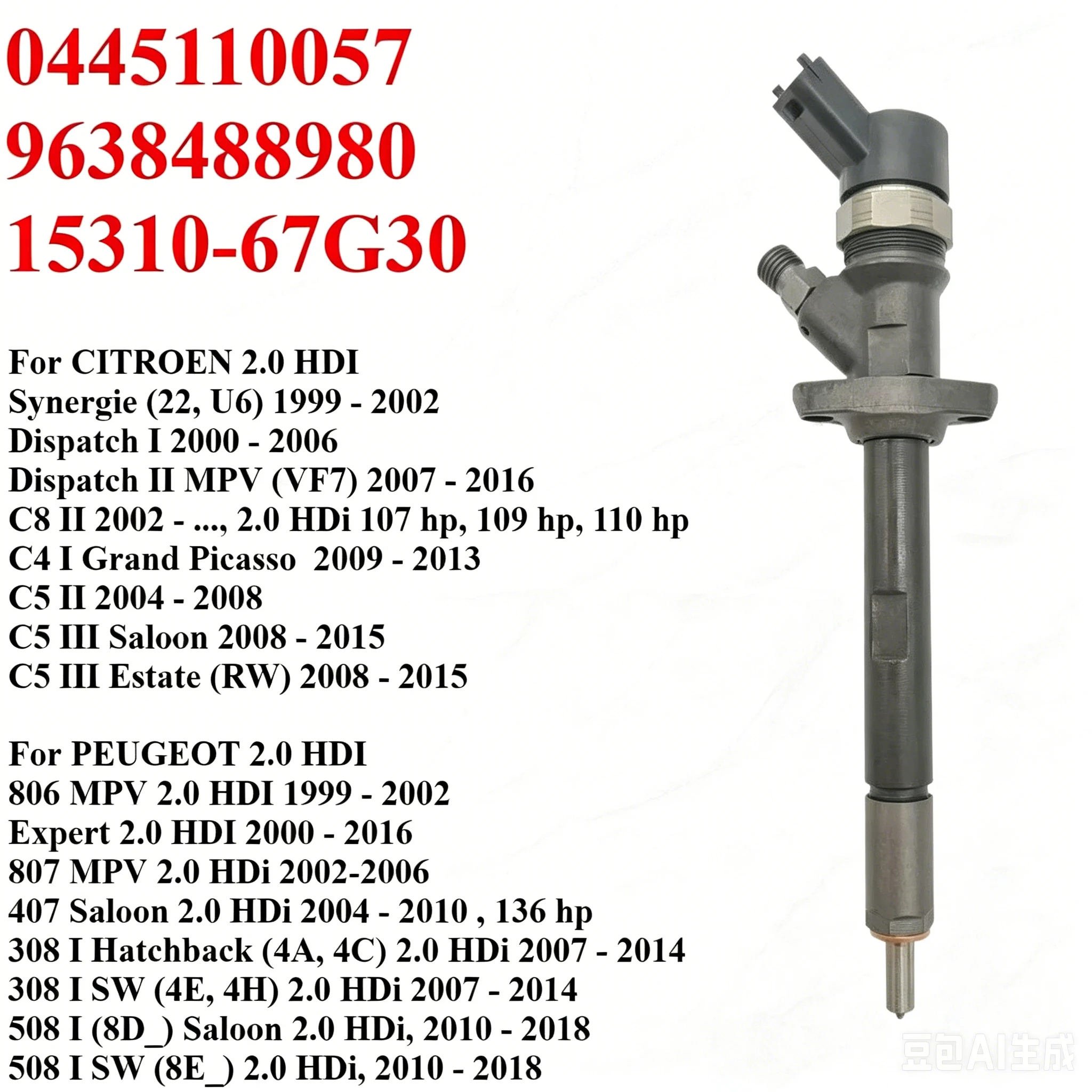 New 0445110057 9638488980 New Diesel Fuel Injector Nozzle For Citroen C4 C5 C8 Peugeot 308 508 806 807 Expert Suzuki 2.0 HDi
New 0445110057 9638488980 New Diesel Fuel Injector Nozzle For Citroen C4 C5 C8 Peugeot 308 508 806 807 Expert Suzuki 2.0 HDi