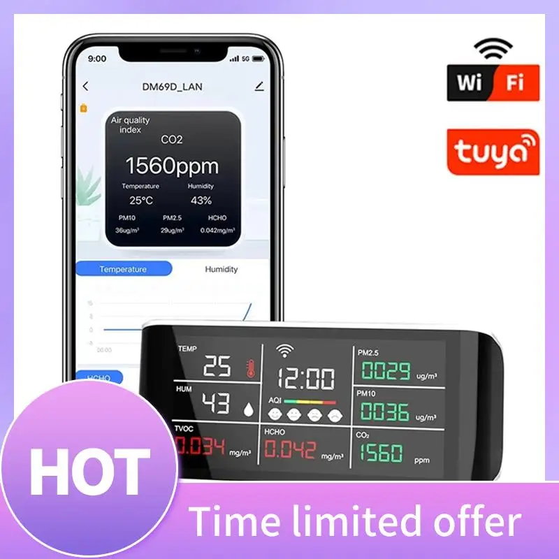 ABFN-Tuya 9 In 1 WIFI Air Quality Detector CO2 Gas Tester PM2.5 PM10 TVOC Formaldehyde Monitor LED Display Infrared Sensor
ABFN-Tuya 9 In 1 WIFI Air Quality Detector CO2 Gas Tester PM2.5 PM10 TVOC Formaldehyde Monitor LED Display Infrared Sensor