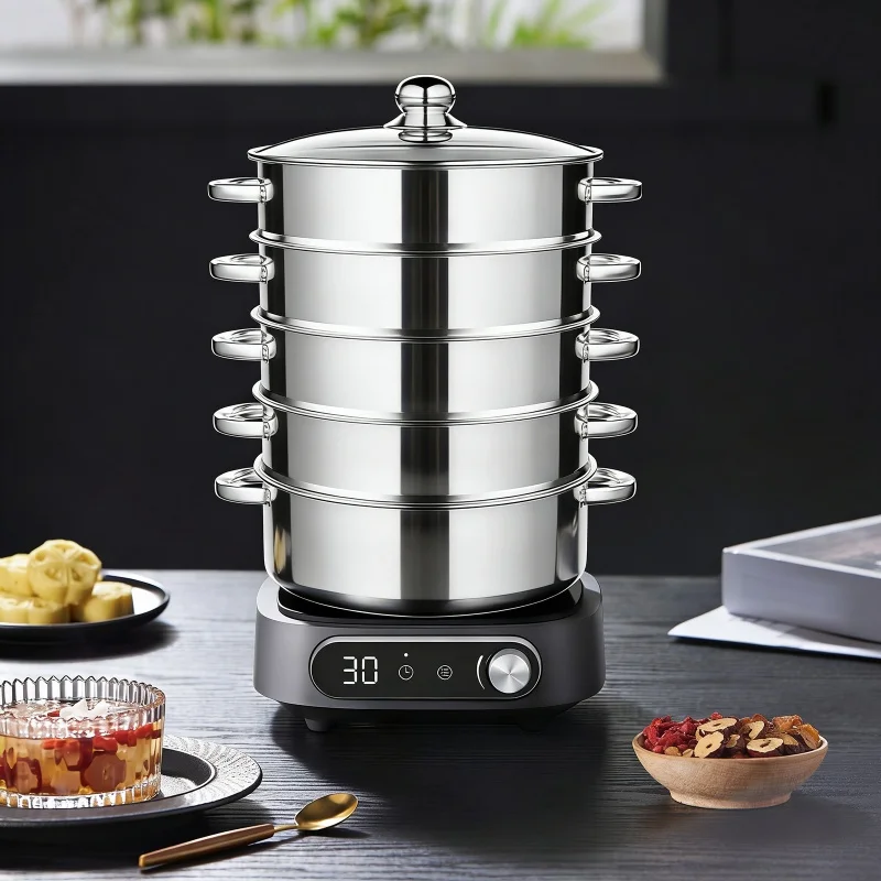 5-Tier Stainless Steel Steamer 11 Inch Food Steamer Pot with Clear Lid & Anti-Scald Handles Induction Gas Stove Compatible for Vegetable Dumpling Fish
5-Tier Stainless Steel Steamer 11 Inch Food Steamer Pot with Clear Lid & Anti-Scald Handles Induction Gas Stove Compatible for Vegetable Dumpling Fish