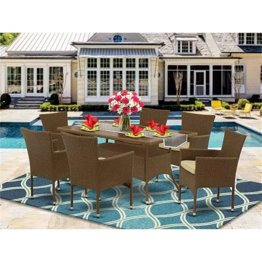 7-Piece Outdoor Wicker Patio Furniture Set with Glass Top Table and Cushioned Armchairs, 36x60 Inch, Brown
7-Piece Outdoor Wicker Patio Furniture Set with Glass Top Table and Cushioned Armchairs, 36x60 Inch, Brown