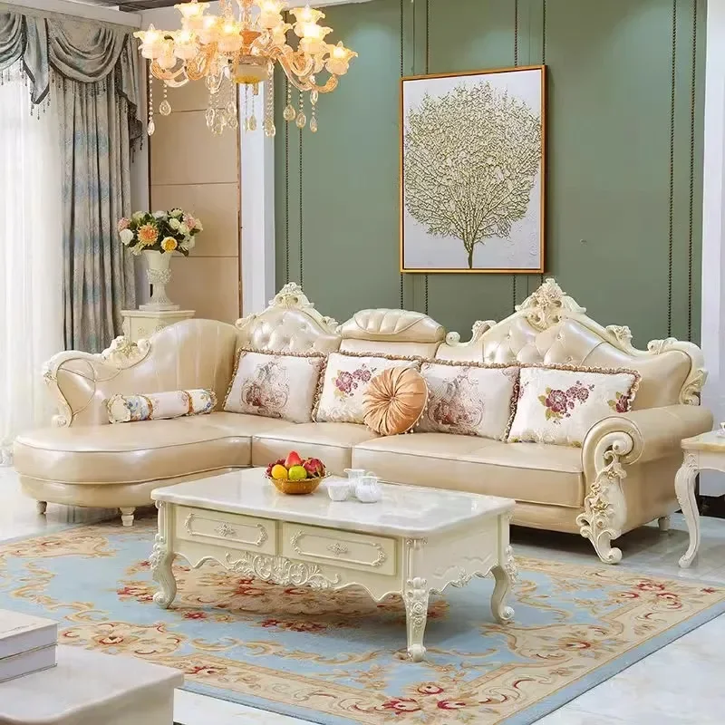 European leather sofa combination living room size luxury European villa American solid wood corner sofa
European leather sofa combination living room size luxury European villa American solid wood corner sofa