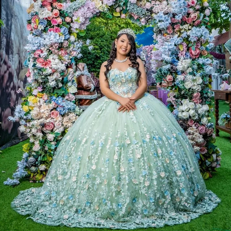 Customized Mint Green Off Shoulder Quinceanera Dress crystal sequin applique 3D flower Lace beads vestidos de 15 Quinceanera
Customized Mint Green Off Shoulder Quinceanera Dress crystal sequin applique 3D flower Lace beads vestidos de 15 Quinceanera