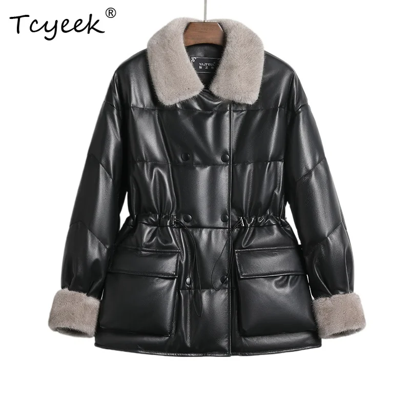 Tcyeek Осенне-зимняя женская куртка из овчины с квадратным воротником и длинными рукавами, черный норковый меховой воротник средней длины, белый утиный пуховик 
Tcyeek Осенне-зимняя женская куртка из овчины с квадратным воротником и длинными рукавами, черный норковый меховой воротник средней длины, белый утиный пуховик