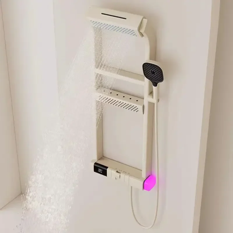 Multifunctional White Brass Body Digital Display Led Light Home Bathroom Shower Set With Two Storage Rack
Multifunctional White Brass Body Digital Display Led Light Home Bathroom Shower Set With Two Storage Rack