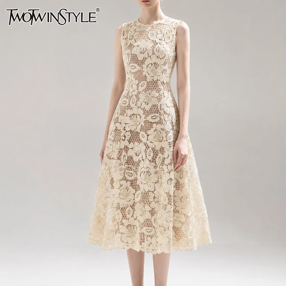 TWOTWINSTYLE Solid Slimming Elegant Dress for Women Round Neck Sleeveless Patchwork Hollow Out Midi Dresses Female Fashion New
TWOTWINSTYLE Solid Slimming Elegant Dress for Women Round Neck Sleeveless Patchwork Hollow Out Midi Dresses Female Fashion New