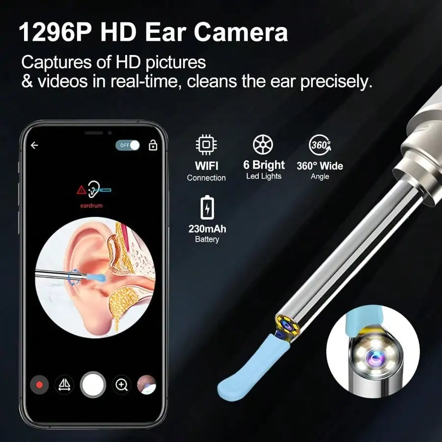1296P Ear Wax Removal Kit with 6 LED Lights, Portable Ear Cleaner Camera for iOS Android, Personal Ear Care Tool Black
1296P Ear Wax Removal Kit with 6 LED Lights, Portable Ear Cleaner Camera for iOS Android, Personal Ear Care Tool Black