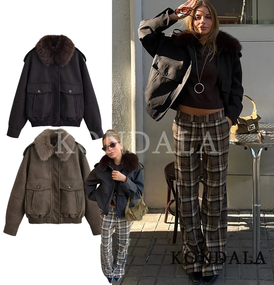 KONDALA Vintage Fur-Collar Loose Jacket Women's Fall Winter Casual Jacket Coat Detachable Collar 2025 Fashion Elegant Lady Coat
KONDALA Vintage Fur-Collar Loose Jacket Women's Fall Winter Casual Jacket Coat Detachable Collar 2025 Fashion Elegant Lady Coat