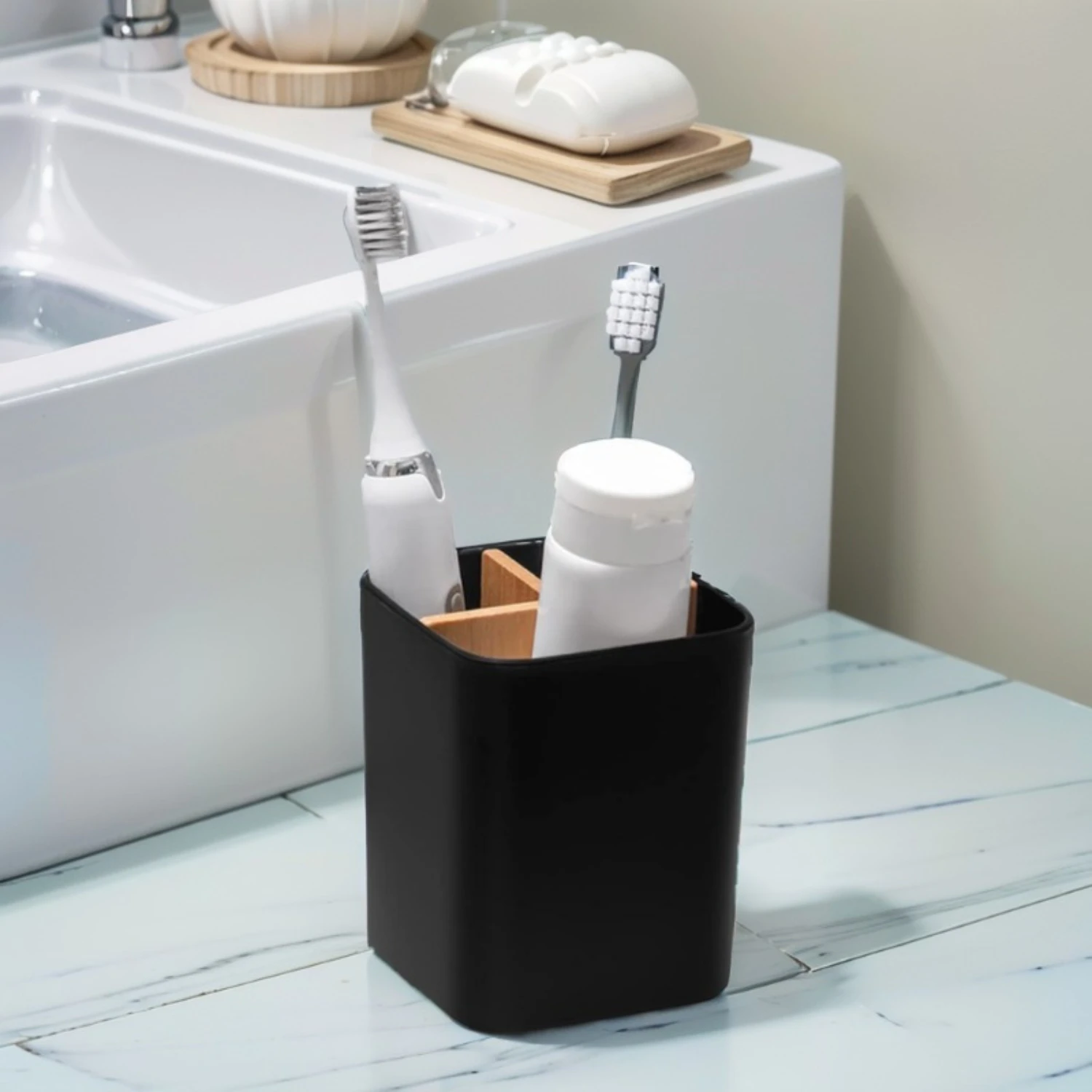 1pc Toothbrush Holder For Bathroom, 3 Slots Toothbrush Holder For Bathroom, Bathroom Organizer With Bamboo Divider, Multifunctio
1pc Toothbrush Holder For Bathroom, 3 Slots Toothbrush Holder For Bathroom, Bathroom Organizer With Bamboo Divider, Multifunctio