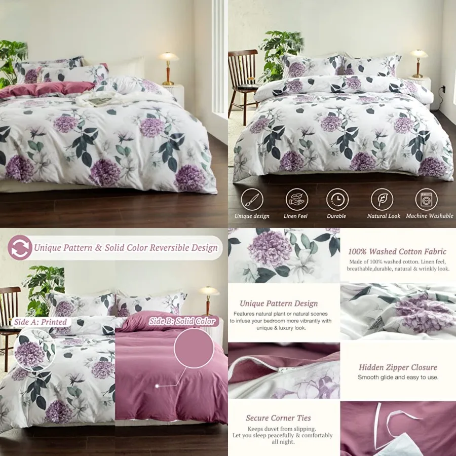 100 Washed Cotton Duvet Cover - Hydrangea Floral Comforter Cover Set Botanical Flower Pattern Bedding Set with Zipper Closure 4
100 Washed Cotton Duvet Cover - Hydrangea Floral Comforter Cover Set Botanical Flower Pattern Bedding Set with Zipper Closure 4