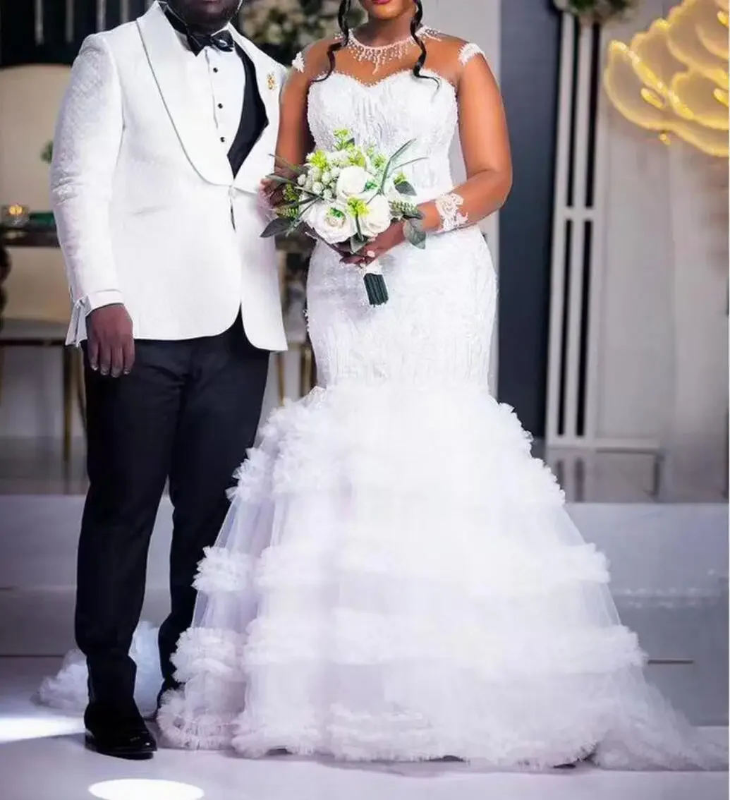 Customized Illusion Pearl Neck Long Sleeves Beaded Applique Sequins Lace Plus Size Africa Layer Tulle Ruffles Mermaid Wedding Dr
Customized Illusion Pearl Neck Long Sleeves Beaded Applique Sequins Lace Plus Size Africa Layer Tulle Ruffles Mermaid Wedding Dr