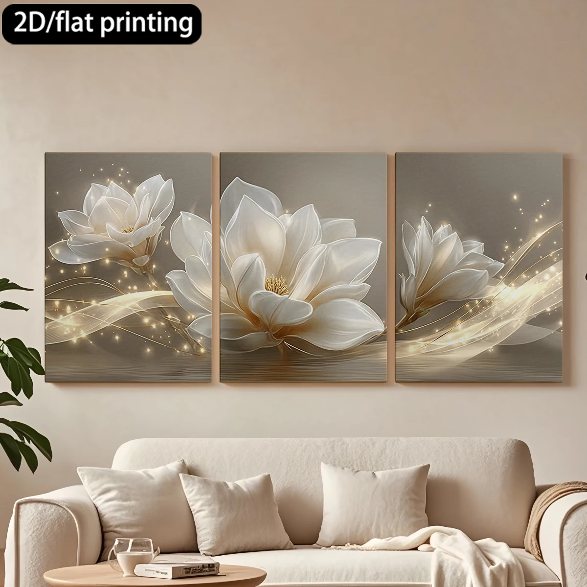 Three-panel decorative canvas paintingWhite magnolias, glowing sparkles, lines.
Three-panel decorative canvas paintingWhite magnolias, glowing sparkles, lines.