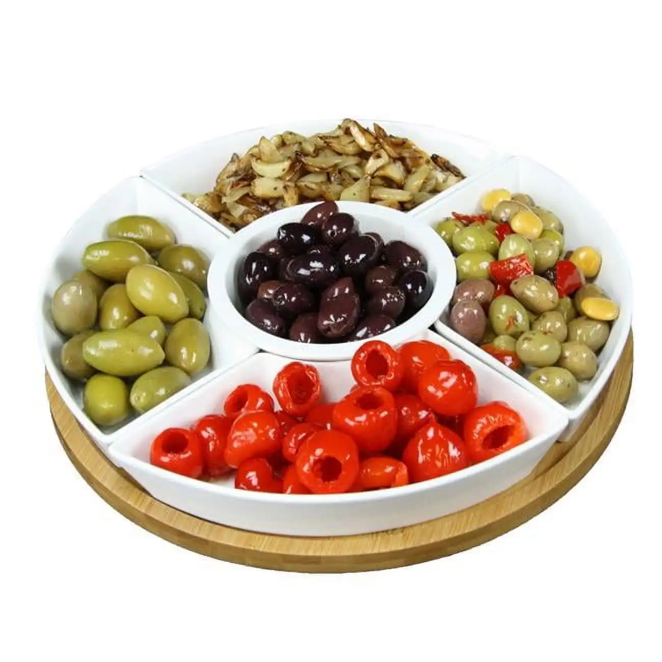 Ceramic Stoneware Condiment Appetizer Set, 6, Center Piece Round in White and Natural Bamboo
Ceramic Stoneware Condiment Appetizer Set, 6, Center Piece Round in White and Natural Bamboo