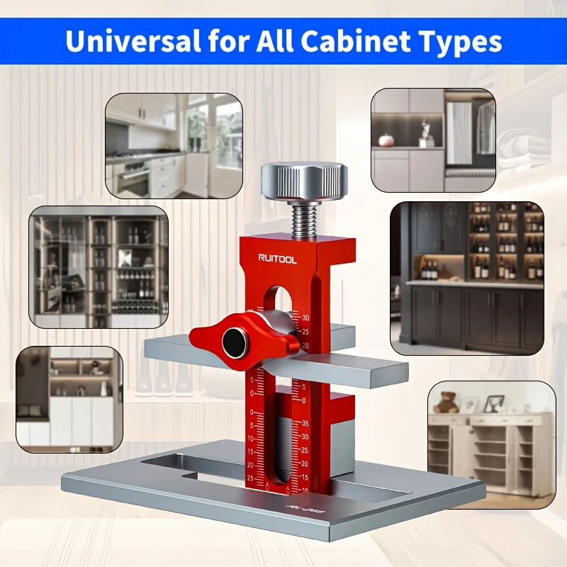 Wardrobe and cabinet door mounting fixture with large stable removable base for quick positioning of upper and lower cabinets
Wardrobe and cabinet door mounting fixture with large stable removable base for quick positioning of upper and lower cabinets