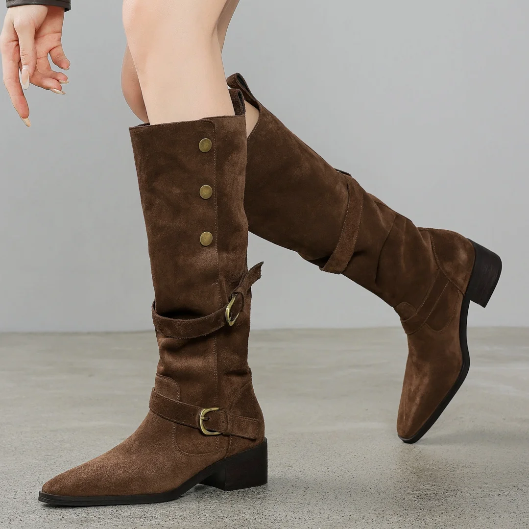 Women's natural suede leather 4.5cm thick med heel pointed toe slip-on autumn knight boots casual female long boots punk shoes
Women's natural suede leather 4.5cm thick med heel pointed toe slip-on autumn knight boots casual female long boots punk shoes