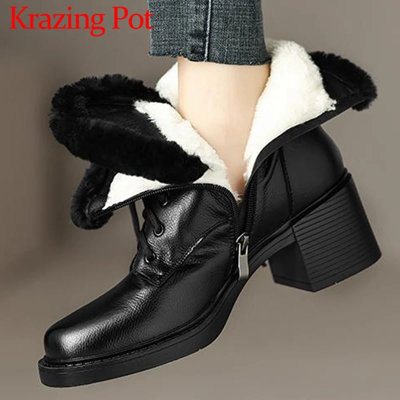 Krazing Pot Genuine Leather Round Toe Thick High Heels Snow Boots Platform Keep Warm Fur Cross-tied Winter Shoes Zip Ankle Boots
Krazing Pot Genuine Leather Round Toe Thick High Heels Snow Boots Platform Keep Warm Fur Cross-tied Winter Shoes Zip Ankle Boots