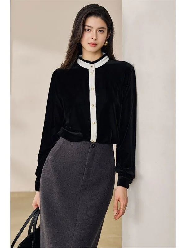 Черная бархатная свободная блузка с длинным рукавом и воротником-стойкой для женщин: модный осенне-зимний дизайн, создающий особую атмосферу.
Черная бархатная свободная блузка с длинным рукавом и воротником-стойкой для женщин: модный осенне-зимний дизайн, создающий особую атмосферу.