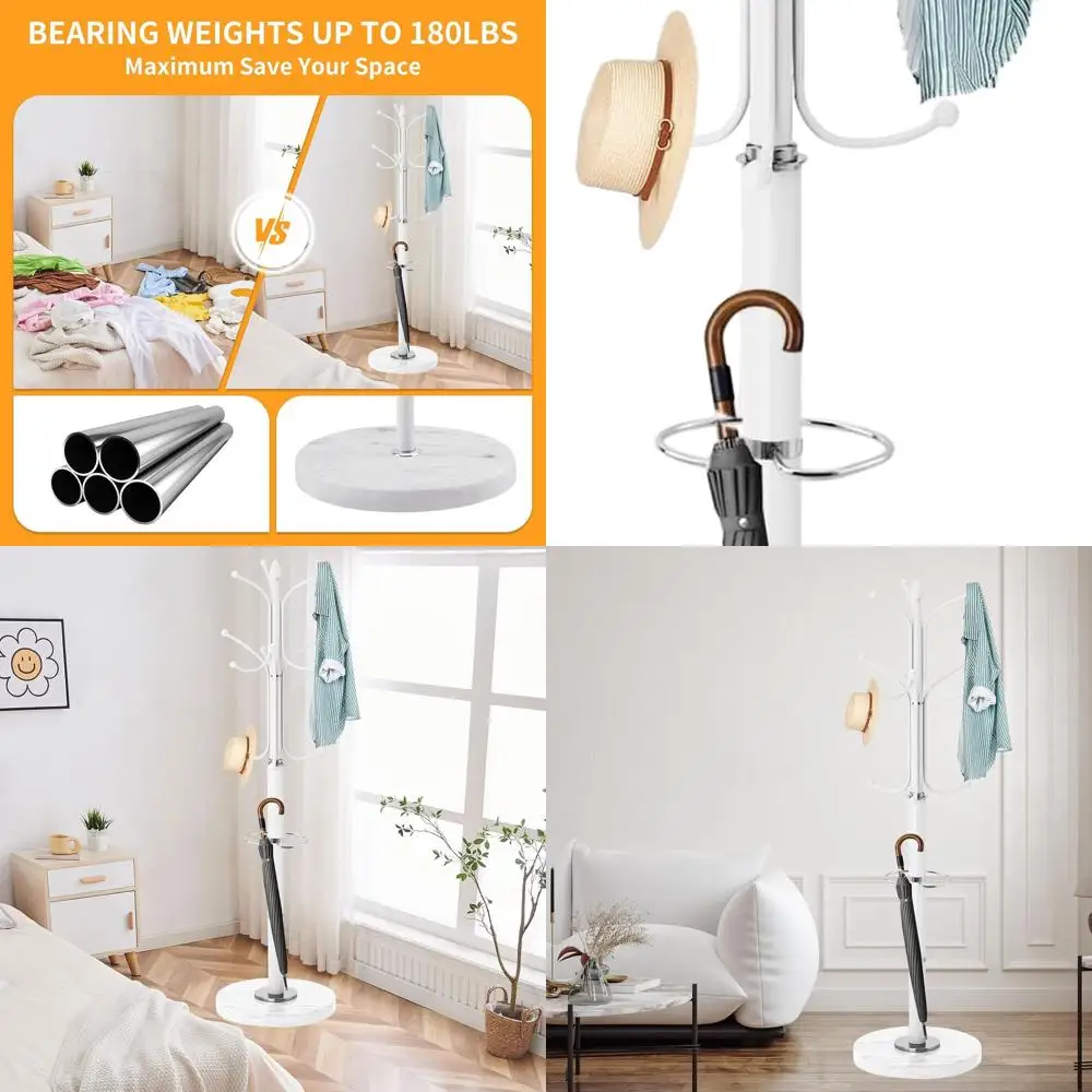 Modern Marble Base Coat Stand with 12 Hooks and Umbrella Holder, White Freestanding Rack for Home and Office Entryways
Modern Marble Base Coat Stand with 12 Hooks and Umbrella Holder, White Freestanding Rack for Home and Office Entryways