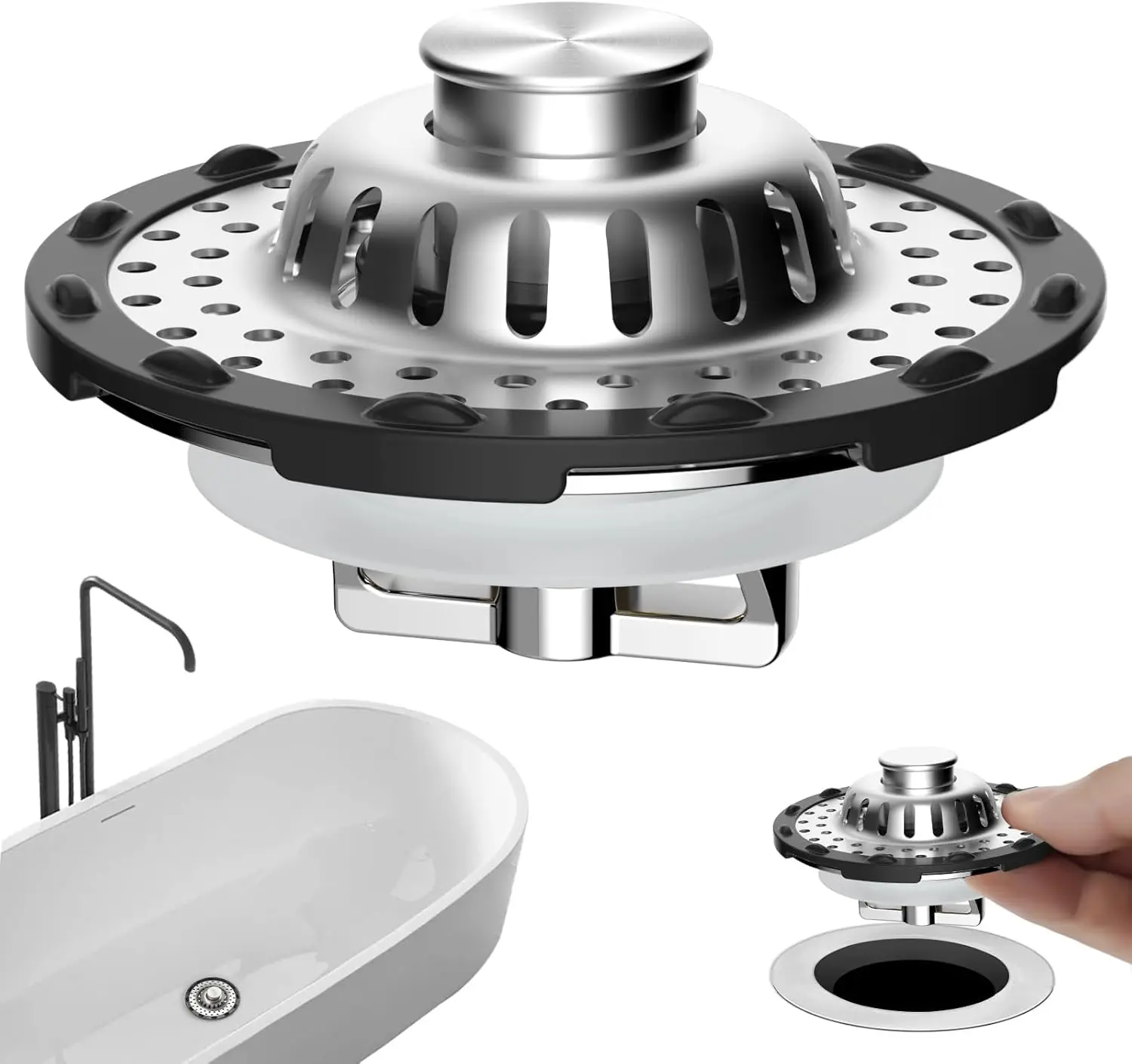 3-in-1 Pop-Up Bathtub Drain Stopper with Hair Catcher, Fits 1.5-2.4" Holes, Chrome
3-in-1 Pop-Up Bathtub Drain Stopper with Hair Catcher, Fits 1.5-2.4" Holes, Chrome