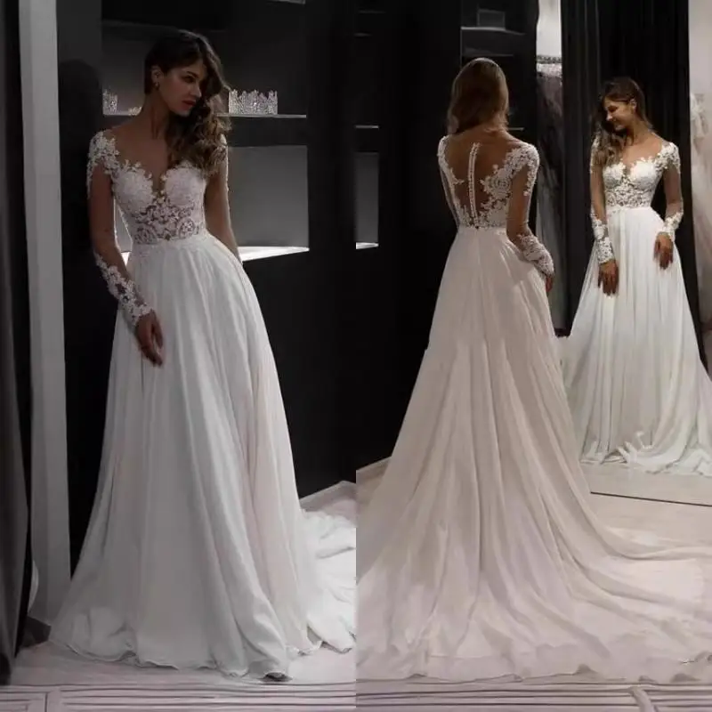 Boho A-line Wedding Dresses for Bride Long Sleeve Appliques Sweep Train Bridal Gown Sweep Train Illusion Back vestido de novia
Boho A-line Wedding Dresses for Bride Long Sleeve Appliques Sweep Train Bridal Gown Sweep Train Illusion Back vestido de novia