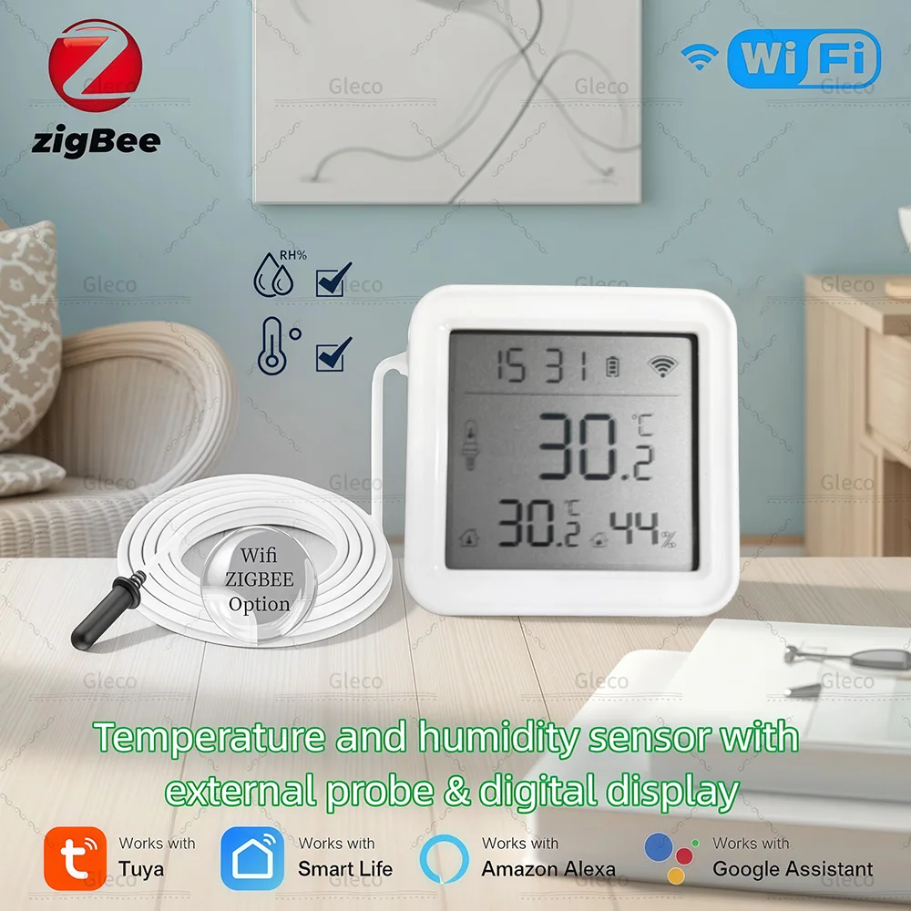 Wifi/Zigbee Tuya Temperature Humidity Sensor Thermometer Hygrometer With External Probe&Display For Smart Life Alexa Google Home