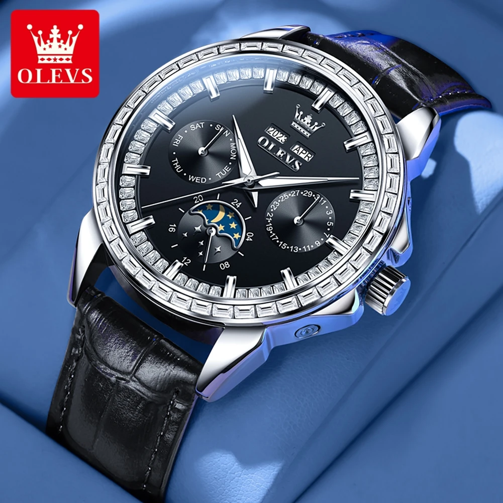 OLEVS Casual Business Men's Watches Diamond Bezel Leather Strap Original Brand Automatic Mechanical Wristwatch Man Moon Phse New
OLEVS Casual Business Men's Watches Diamond Bezel Leather Strap Original Brand Automatic Mechanical Wristwatch Man Moon Phse New
