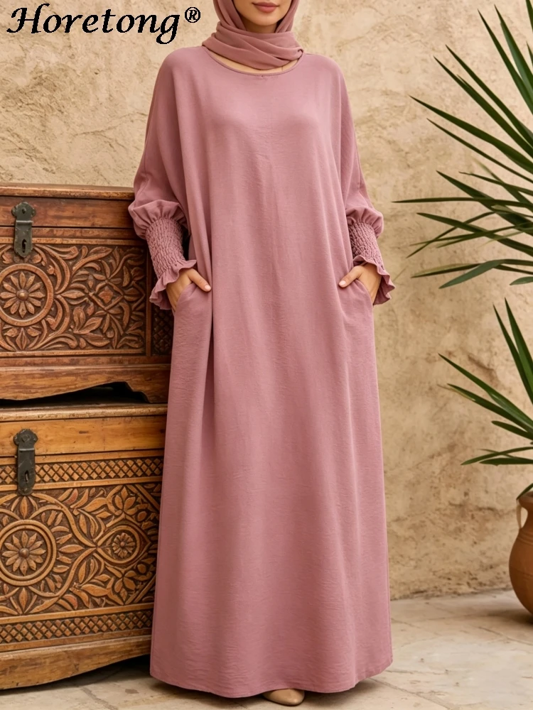Horetong Muslim Abaya Women Dress Solid O-neck Smocked Bubble Sleeve With Pockets Loose Modest Islamic Vacation Casual Maxi Robe
Horetong Muslim Abaya Women Dress Solid O-neck Smocked Bubble Sleeve With Pockets Loose Modest Islamic Vacation Casual Maxi Robe