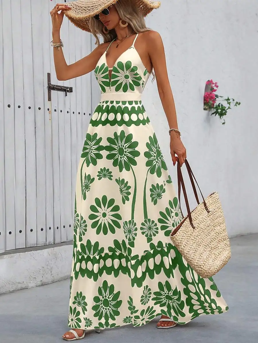 Cream Green Floral Print V-Neck Spaghetti Strap Maxi Dress For Summer Beach Holiday Wear
Cream Green Floral Print V-Neck Spaghetti Strap Maxi Dress For Summer Beach Holiday Wear