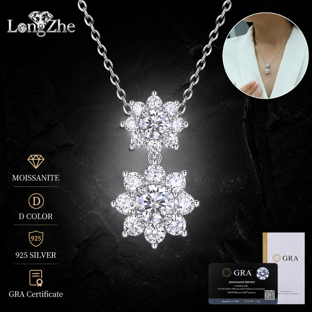 S925 Silver Moissanite Necklace for Women 1CT + 0.5CT Double Flower Halo Pendant 40-45cm Daily Party Anniversary Jewelry Gift
S925 Silver Moissanite Necklace for Women 1CT + 0.5CT Double Flower Halo Pendant 40-45cm Daily Party Anniversary Jewelry Gift