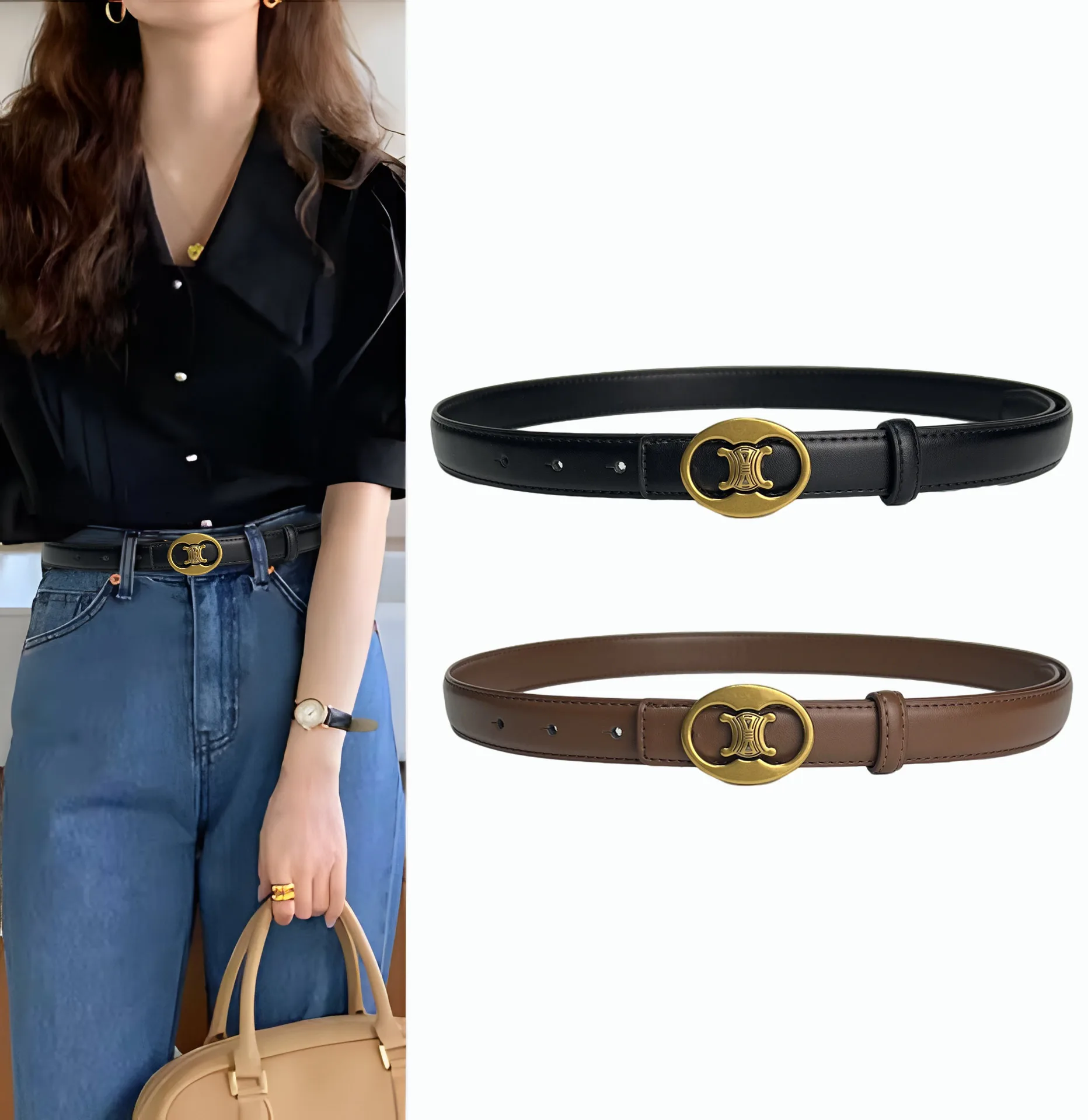 New Trendy High-End Textured Women Belt Classic Oval Gold Logo Buckle Designer Style for Casual Pants, Jeans, Dresses & Suits
New Trendy High-End Textured Women Belt Classic Oval Gold Logo Buckle Designer Style for Casual Pants, Jeans, Dresses & Suits